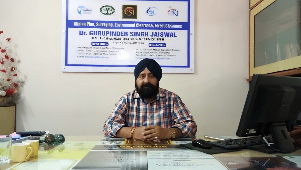 Dr. Gurpinder Singh Jaiswal, M.Sc., Ph.D. (Geology), in his GSJ Mining Consultancy office in Jamshedpur